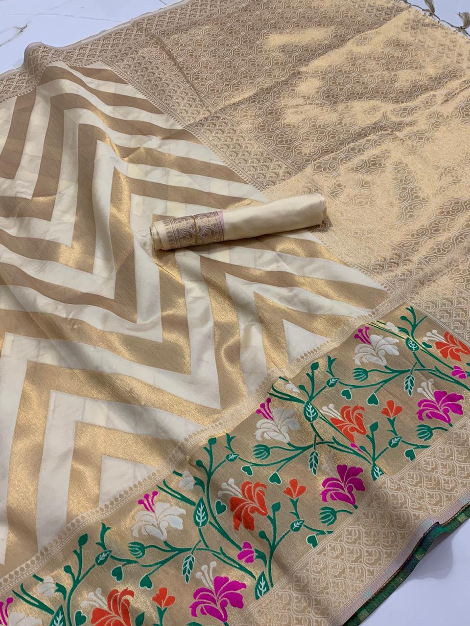 Festive Wear Cream Color Designer Soft Banarasi Silk Jacquard Work All Over Saree Blouse