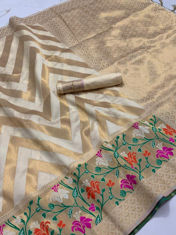 Festive Wear Cream Color Designer Soft Banarasi Silk Jacquard Work All Over Saree Blouse