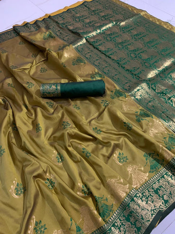 Moss Color Pure Cotton Silk All Over Zari Mina Weaving Work Saree Blouse For Wedding Wear