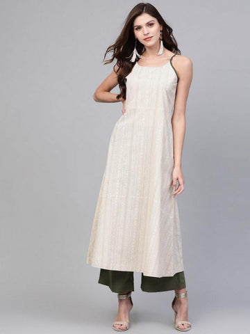 Off White Mehendi Color Strappy Printed Fancy Kurti For Women Pants AVADH1060103B