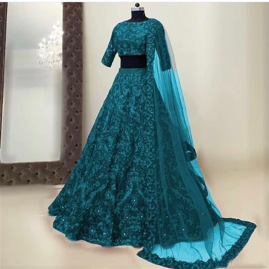 Flamboyant Rama Color Party Wear Tapeta Silk Diamond Chain Work Lehenga Choli For Women
