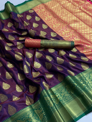 Grape Color Banarasi Silk Zari Weaving Brocade Contrast Border Pallu Saree Blouse For Wedding Wear