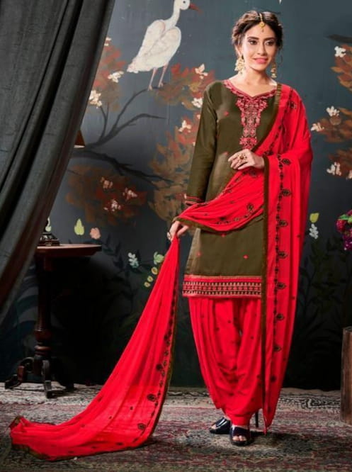Olive Color Cotton Silk Multi Embroidered Work Wedding Wear Salwar Suit