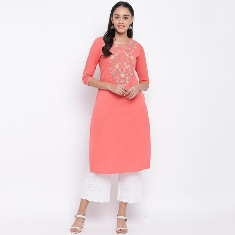 Stylish Peach Color Ready Made Party Wear Cotton Designer Embroidered Work Kurti