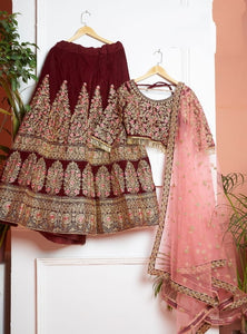 Maroon Color Wedding Wear Velvet Multi Thread Embroidered Work Lehenga Choli For Women