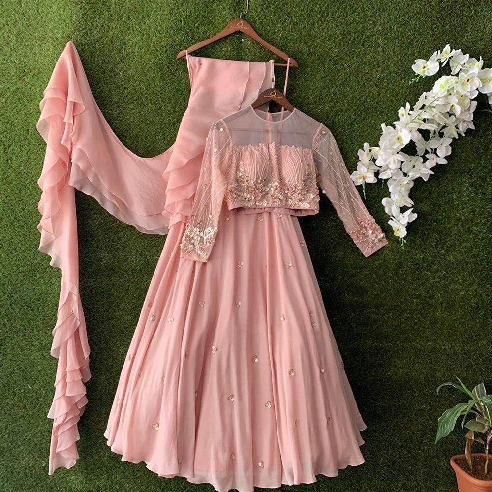 Flattering Peach Color Wedding Wear Georgette Designer Sequence Embroidered Work Lehenga Choli