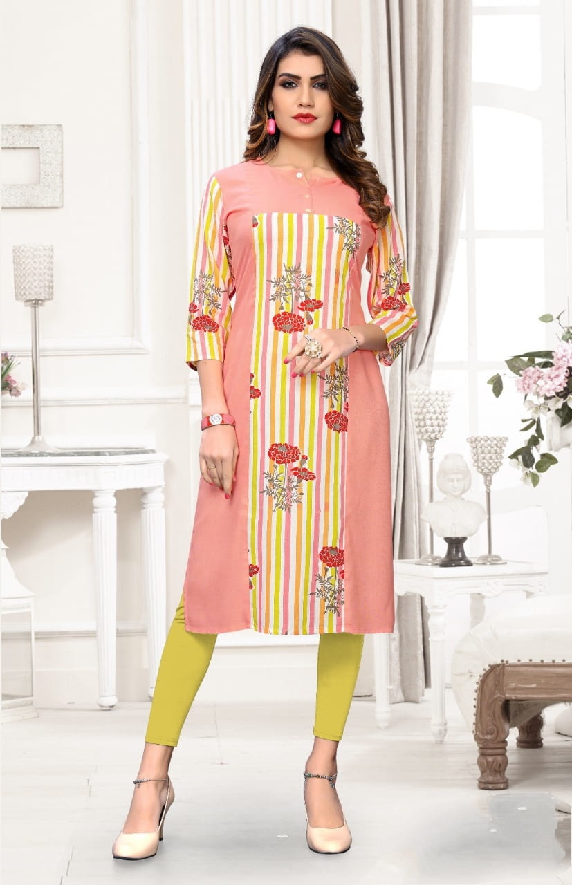Peach Rayon Printed Kurti VAIKUNTH106A