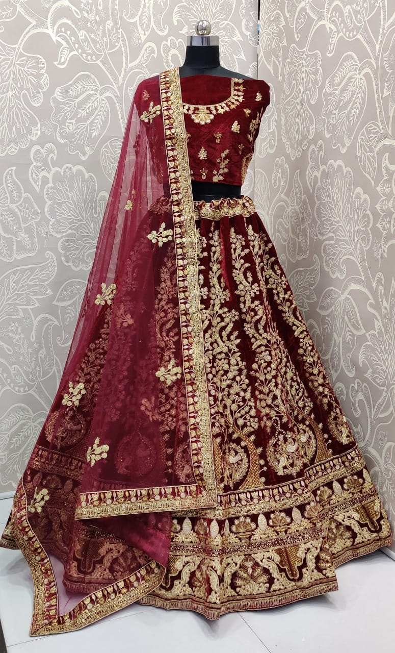 Maroon Color Designer Pure Velvet Thread Zari Diamond Work Lehenge Choli