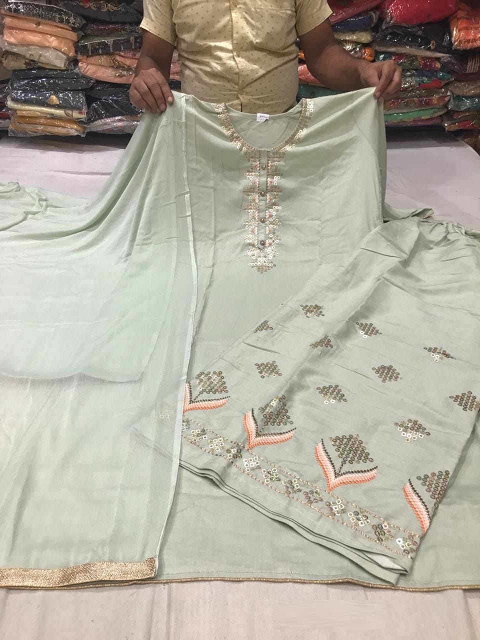 Light Green Color Top Rayon Embroidery work with Readymade Sharara Plazo