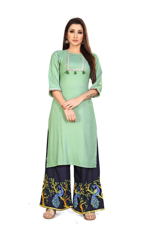 Pista Colored Rayon Embroidered Aari Work Plazo Kurti Design Online VT3095117F