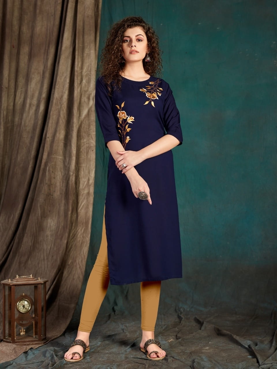 Radiant Navy Blue Color Full Stitched Slub Rayon Fancy Embroidered Work Kurti For Party Wear