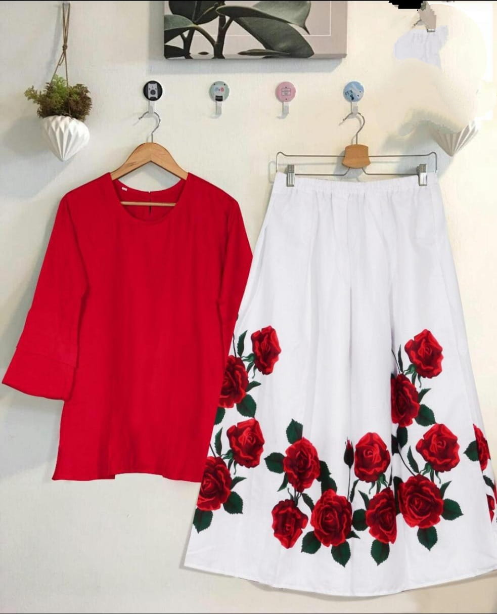 Lovely Read Color Party Wear Stylish Digital Printed Rayon Full Stitched Top Skirt