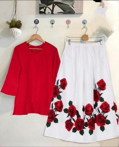 Lovely Read Color Party Wear Stylish Digital Printed Rayon Full Stitched Top Skirt