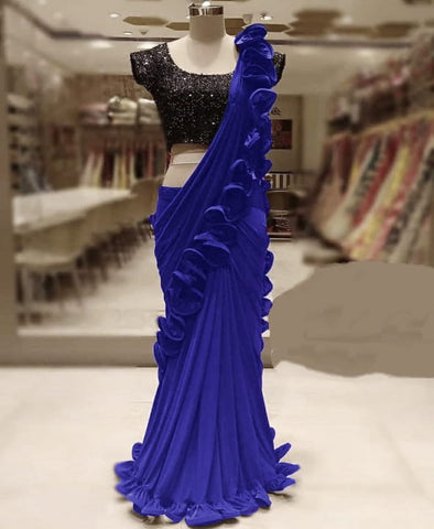 Navy Blue Color Georgette Freel Tone To Tone Border Wedding Wear Saree Blouse