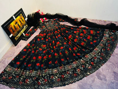 Black Color Stitched Georgette Embroidered Gown