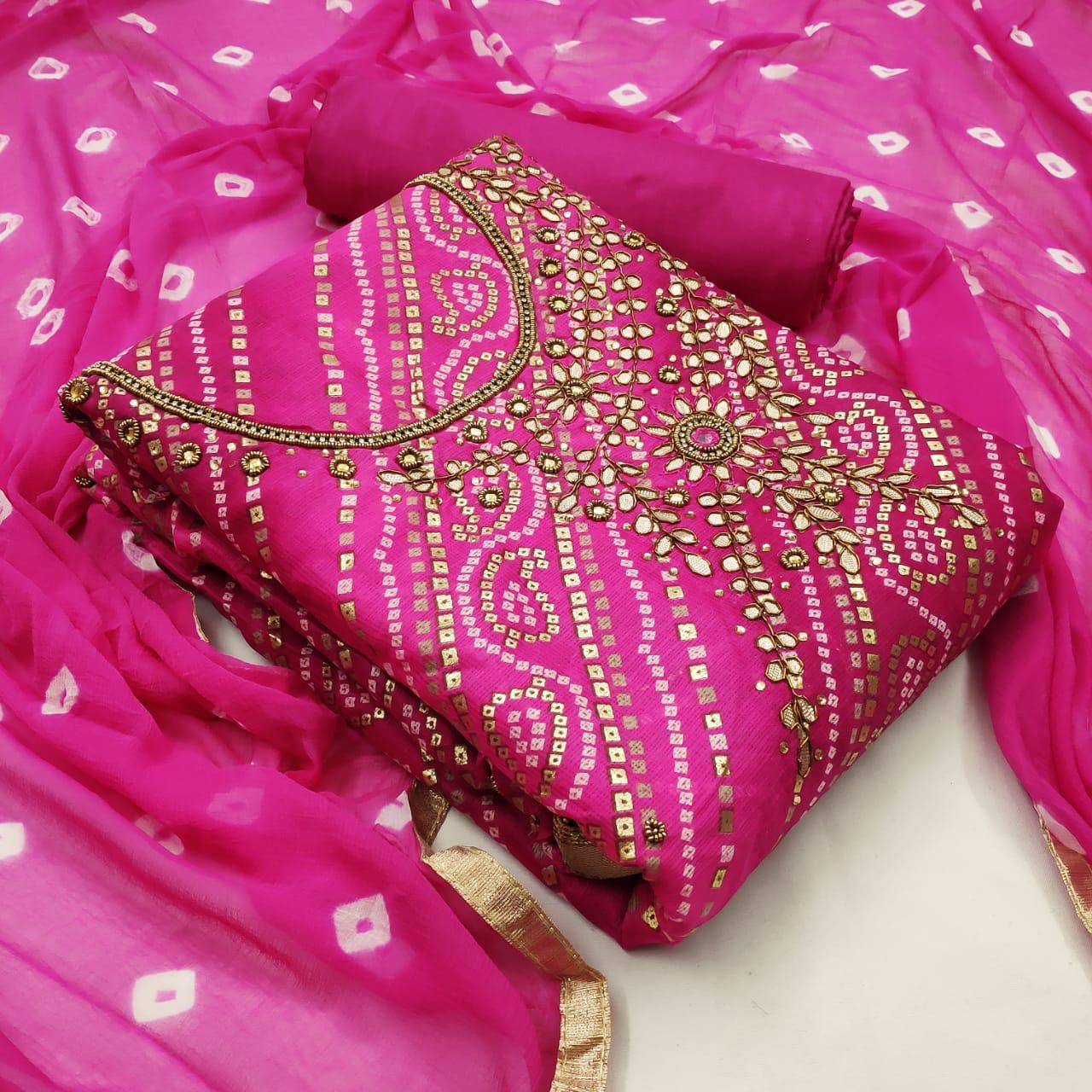 Magenta Color Designer Bandhej Banarasi Silk Foil Hand Work Salwar Suit For Festive Wear