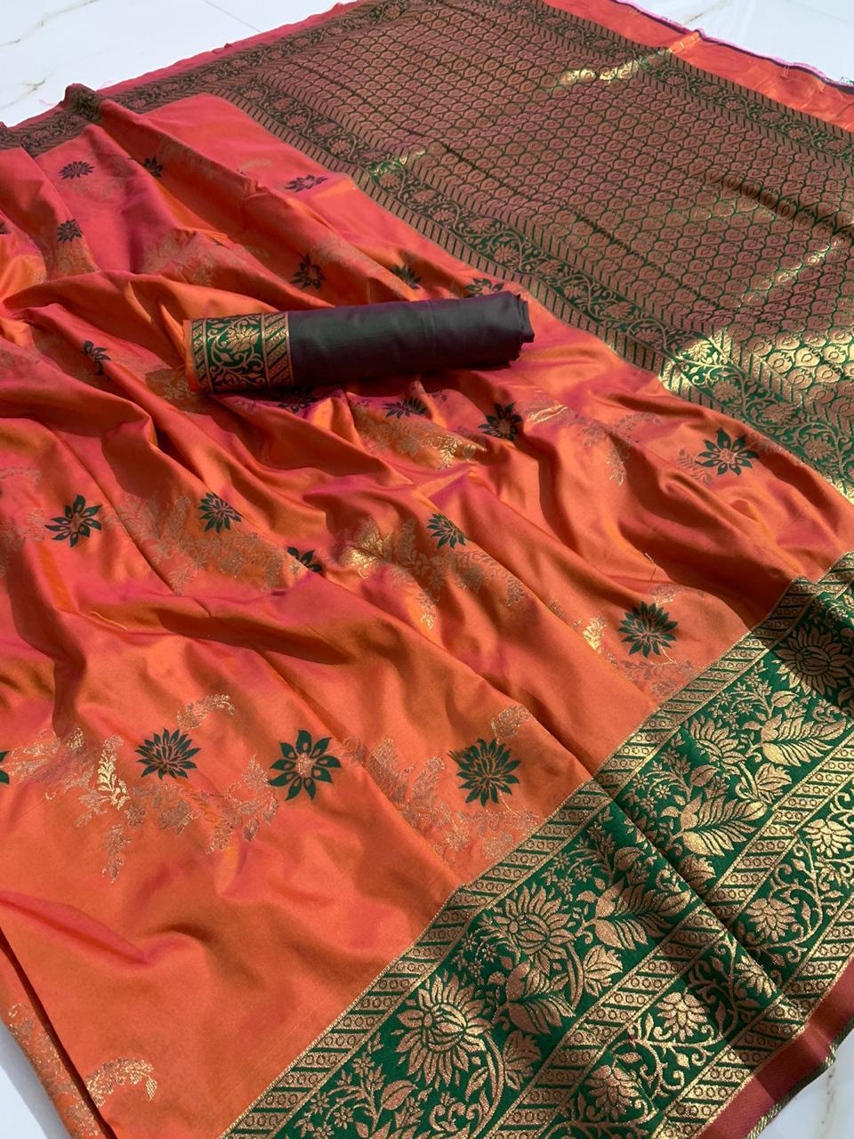 Pumpkin Color Pure Cotton Silk Mina Zari All Over Weaving Work Saree Blouse