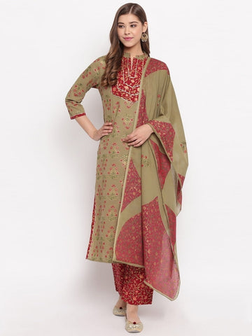 Preferable Mehendi Green Color Festive Wear Designer Ready Made Cotton Printed With Lace Pent Top Salwar Suit
