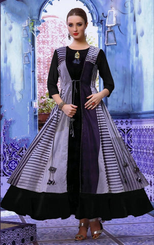 Black Color Designer Poli Rayon Digital Printed Full Stitched Kurti For Festive Wear