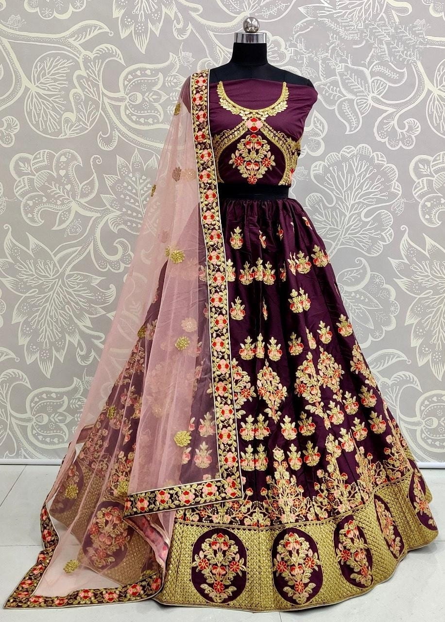 Opulent Wine Color Festive Wear Designer Satin Silk Thread Embroidered Sequence Work Lehenga Choli