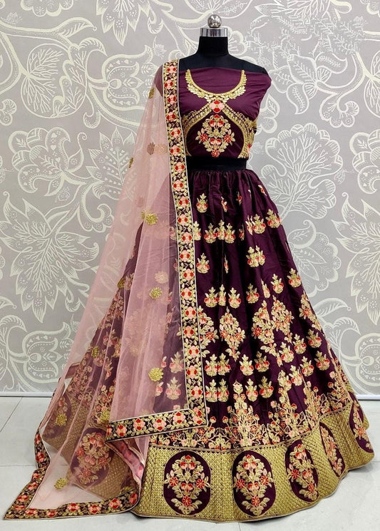 Opulent Wine Color Festive Wear Designer Satin Silk Thread Embroidered Sequence Work Lehenga Choli