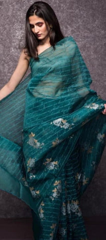 Rama Color Designer Organza Digital Printed Saree Blouse For Party Wear