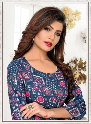 Navy Blue Color Printed Rayon Full Stitched Party Wear Kurti VAIKUNTH116A