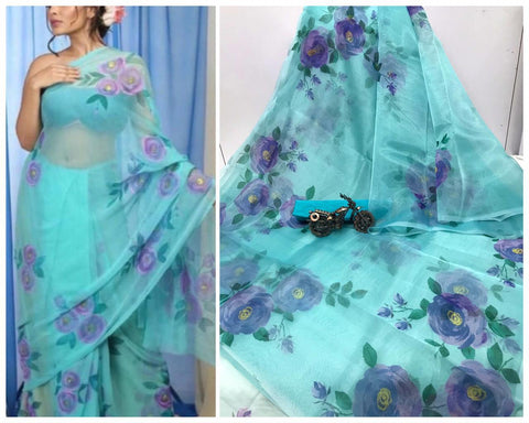 Olympic Color Designer Organza Digital Printed Party Wear Saree Blouse