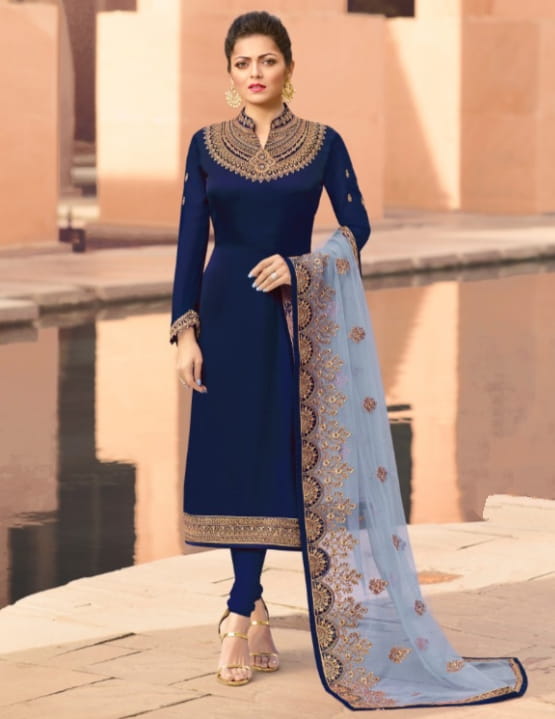 Navy Blue Color Designer Embroidered Stone Work Satin Georgette Salwar Suit For Function Wear