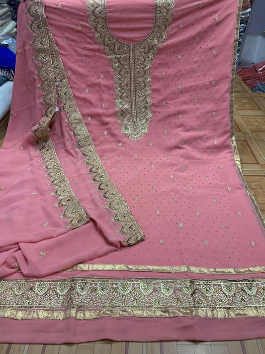 Flamingo Color Embroidered Machine Diamond Work Festive Wear Salwar Suit
