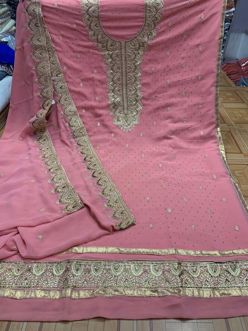 Flamingo Color Embroidered Machine Diamond Work Festive Wear Salwar Suit