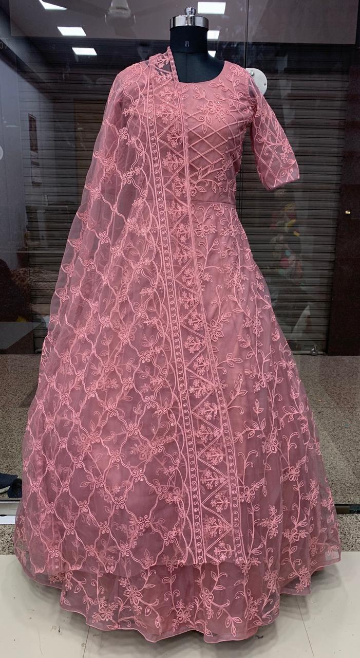 Peach Color Designer Net Thread Embroidered Stone Pasting Work Gown For Wedding Wear