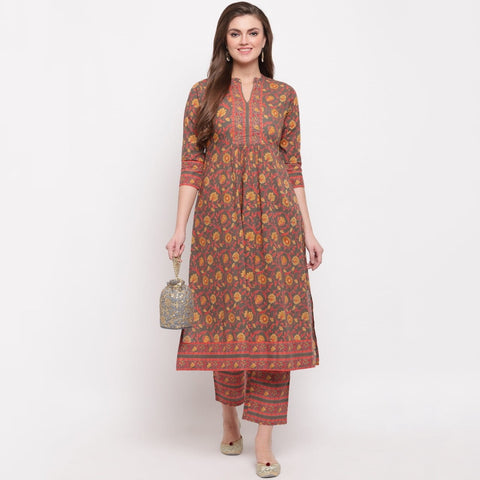 Party Wear Multi Color Ready Made Printed With Handwork Cotton Kurti And Pent For Women