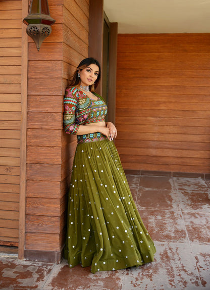 Party Wear Green Color Stitched Embroidered Lehenga With Koti