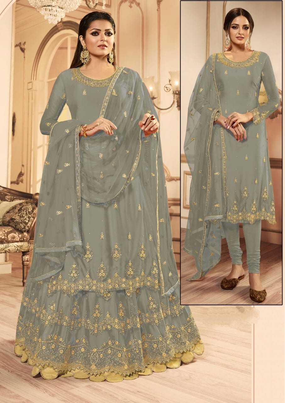 Pigeon Color Designer Butterfly Net Multi Stone Zari Embroidered Work Salwar Suit For Party Wear