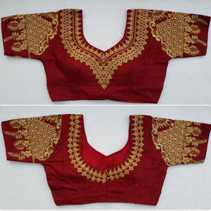 Maroon Color Embroidered Moti Pearl Work Malbari Silk Ready Made Blouse For Wedding Wear