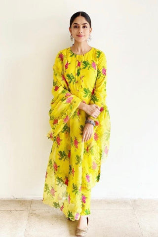 Flamboyant Yellow Color Festive Wear Georgette Printed Full Stitched Plazo Salwar Suit For Women