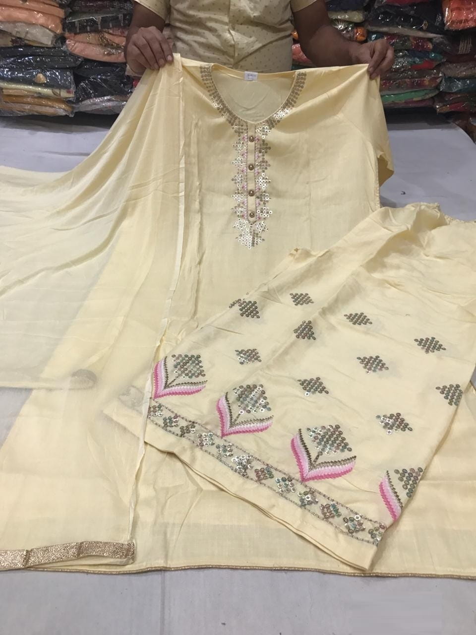 Light Yellow Color Top Rayon with embroidery work and Full Stitched Rayon Plazo