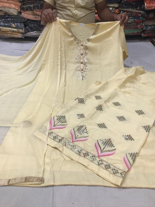 Light Yellow Color Top Rayon with embroidery work and Full Stitched Rayon Plazo