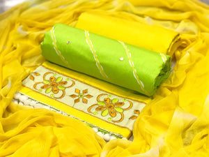 Lime Color Embroidered Diamond Pom Pom Lace Border Work Cotton Silk Salwar Suit
