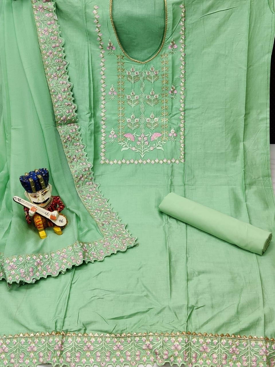 Spring Green Color Glaze Cotton Embroidered Work Festive Wear Salwar Suit