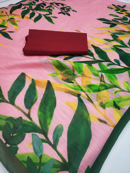 Latest Peach Color Designer Malmal Linen Printed Designer Saree With Blouse