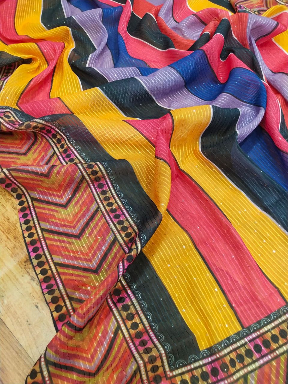 Wonderful Wedding Wear Multi Color Georgette Digital Print And Crochet Sequence Work Designer Saree