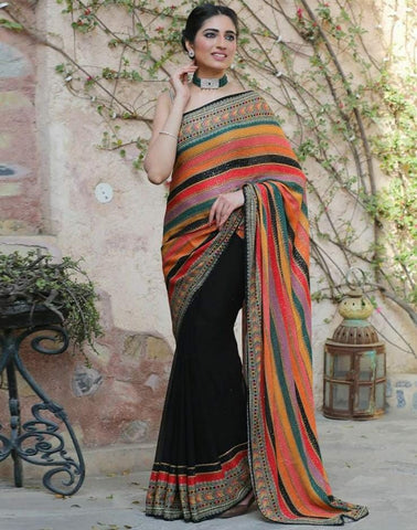 Wonderful Wedding Wear Multi Color Georgette Digital Print And Crochet Sequence Work Designer Saree