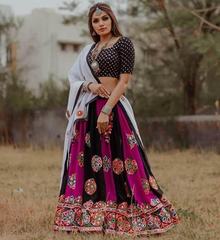 Astonishing Mirror Work Printed Crepe Lehenga Choli For Women