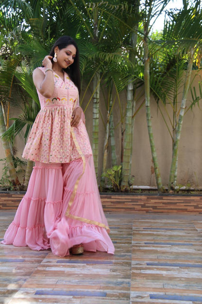 Baby Pink Color Latest Designer Georgette Embroidered Plazzo Sharara Suit Set For Women