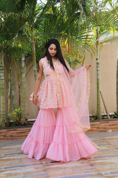 Baby Pink Color Latest Designer Georgette Embroidered Plazzo Sharara Suit Set For Women