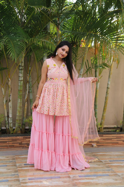 Baby Pink Color Latest Designer Georgette Embroidered Plazzo Sharara Suit Set For Women