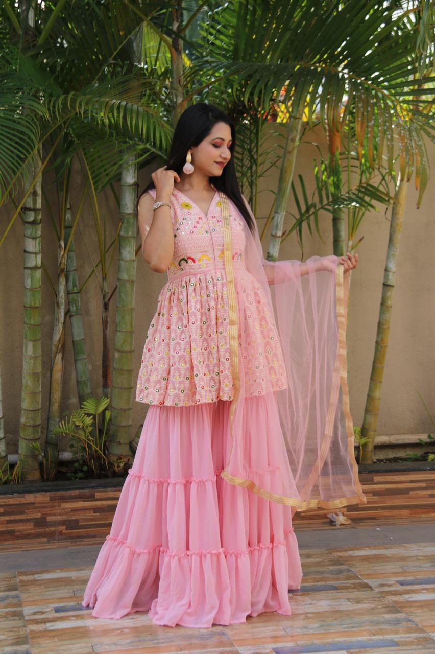 Baby Pink Color Latest Designer Georgette Embroidered Plazzo Sharara Suit Set For Women