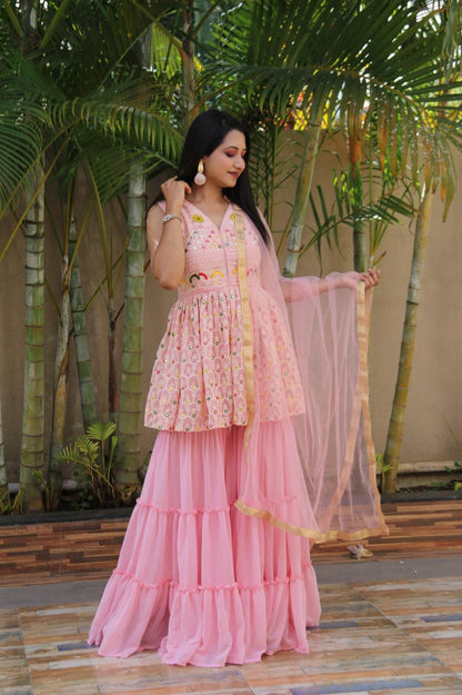 Baby Pink Color Latest Designer Georgette Embroidered Plazzo Sharara Suit Set For Women